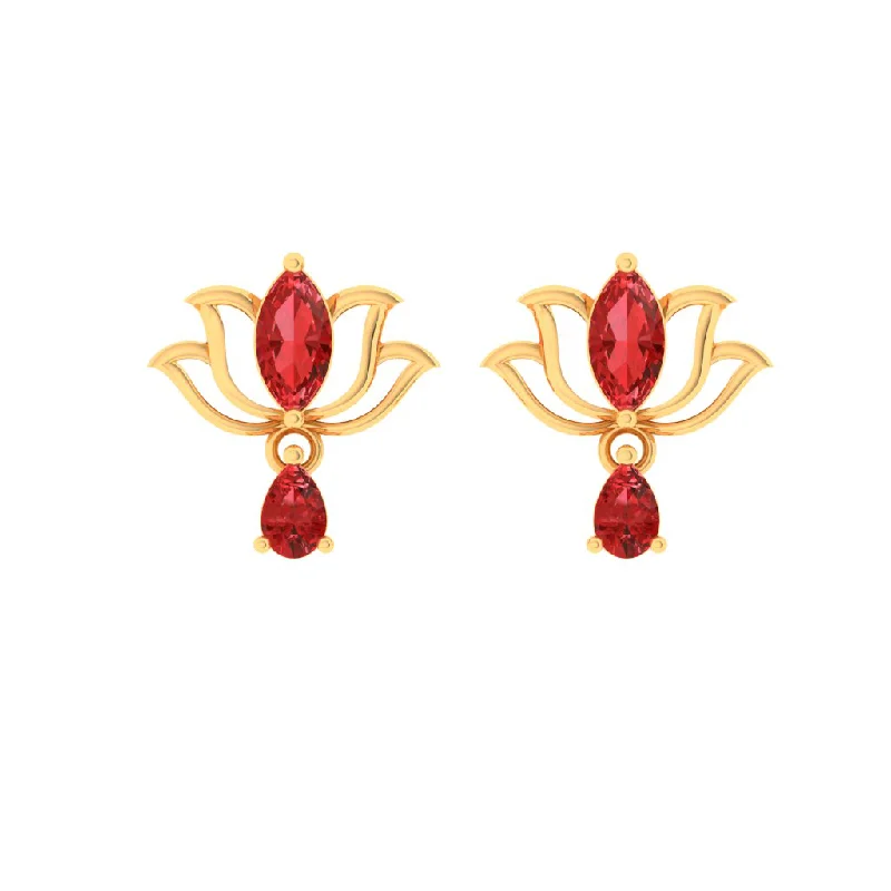 Women’s bridal hoop earrings-14k Lotus Shaped Gold Earrings With Red Stones