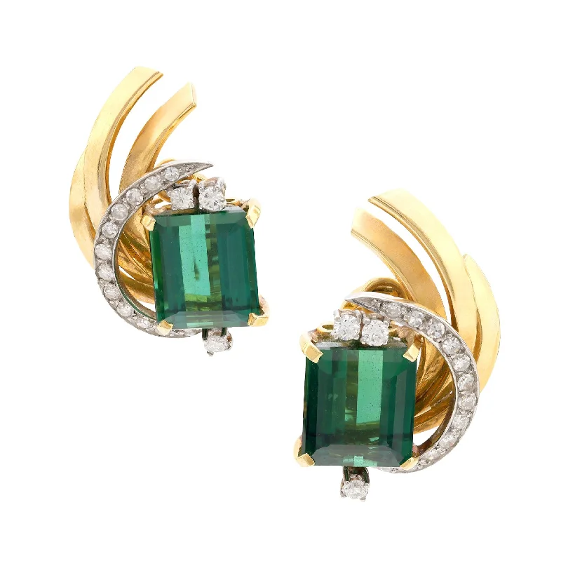 Women’s colorful gemstone earrings-Vintage 14 carat green tourmaline diamond 18k yellow gold earrings