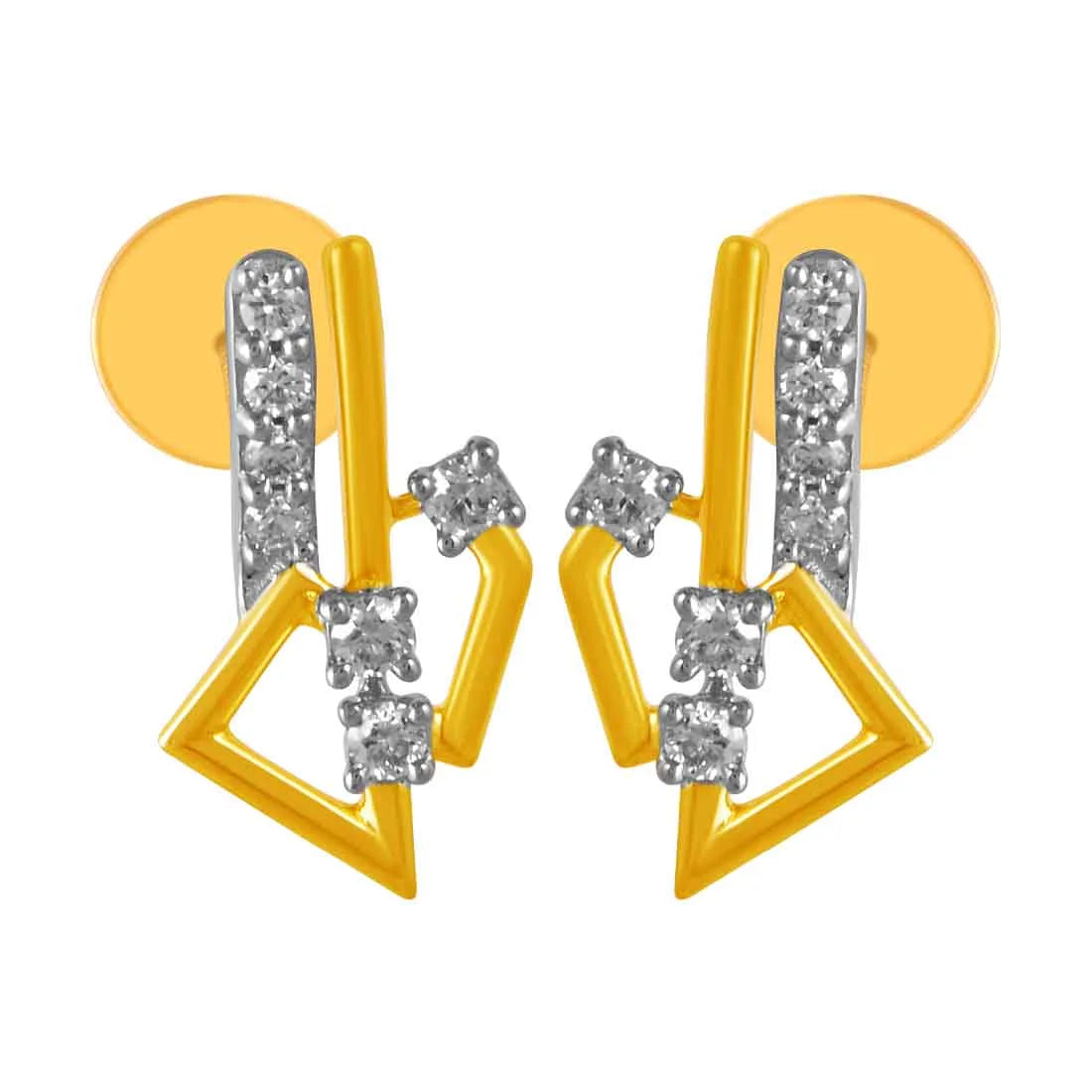 Women’s gold-plated earrings-14KT (585) Yellow Gold & Diamond geometric Design Stud Earrings