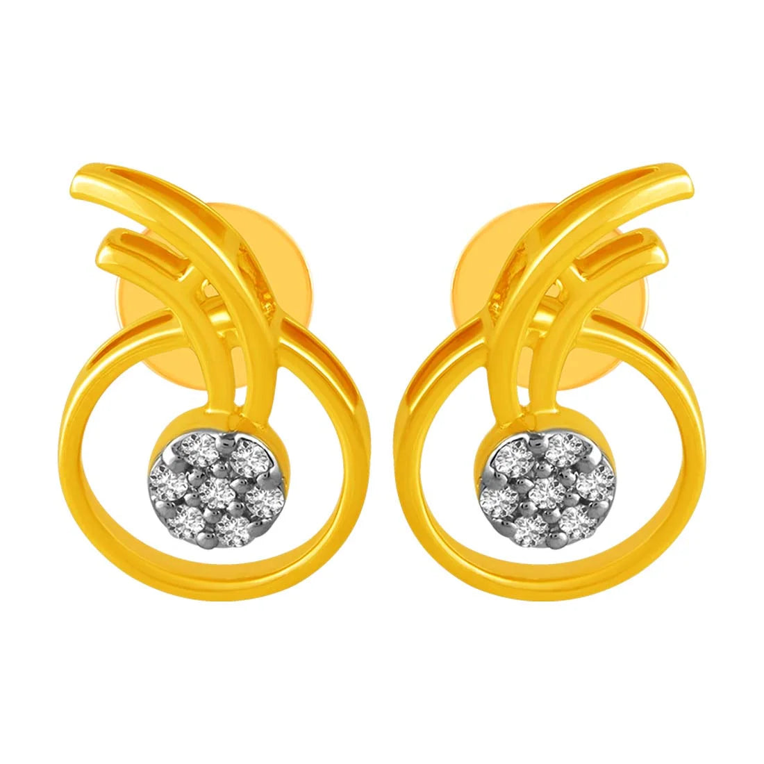 Women’s creative earrings-14KT (585) Yellow Gold & Diamond Curved Line Detailing Studs Earrings