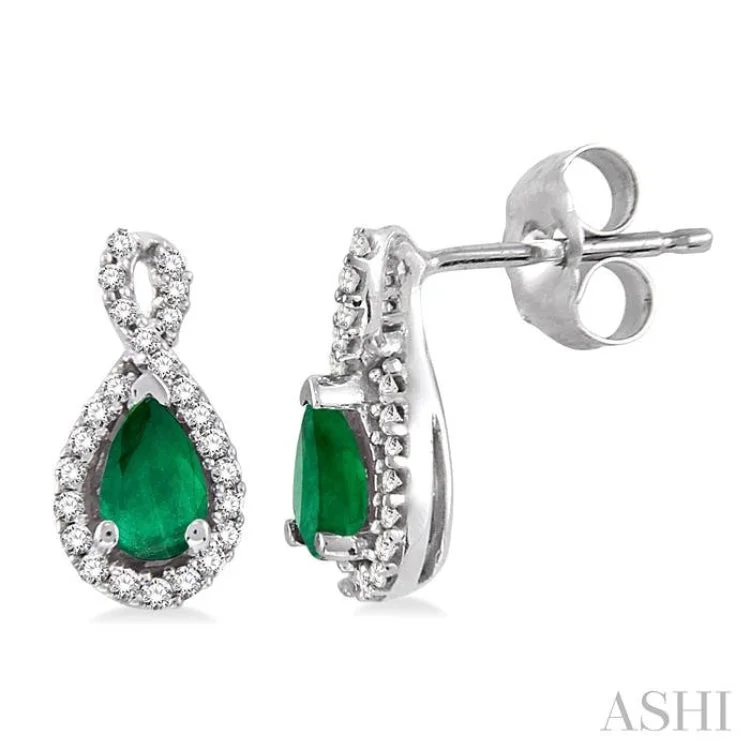 Women’s mixed metal earrings-5x3mm Pear Shape Emerald and 1/6 Ctw Round Cut Diamond Earrings in 14K White Gold