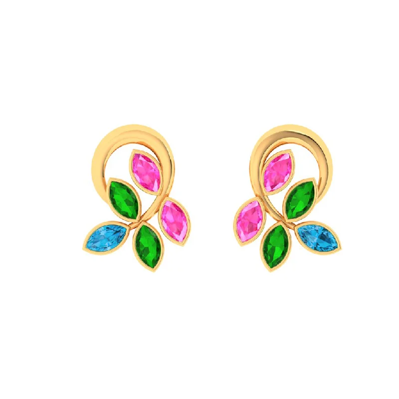 Women’s long dangle earrings-14k Uniquely Shaped Leafy Gold Stud Earrings With Multi-coloured Stones