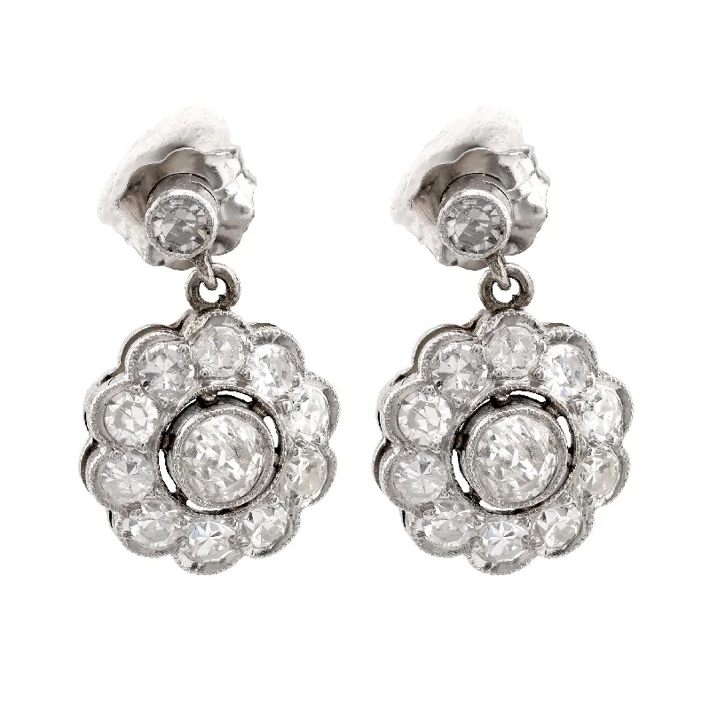 Women’s boho earrings-Art Deco Inspired Diamond Platinum Cluster Drop Earrings