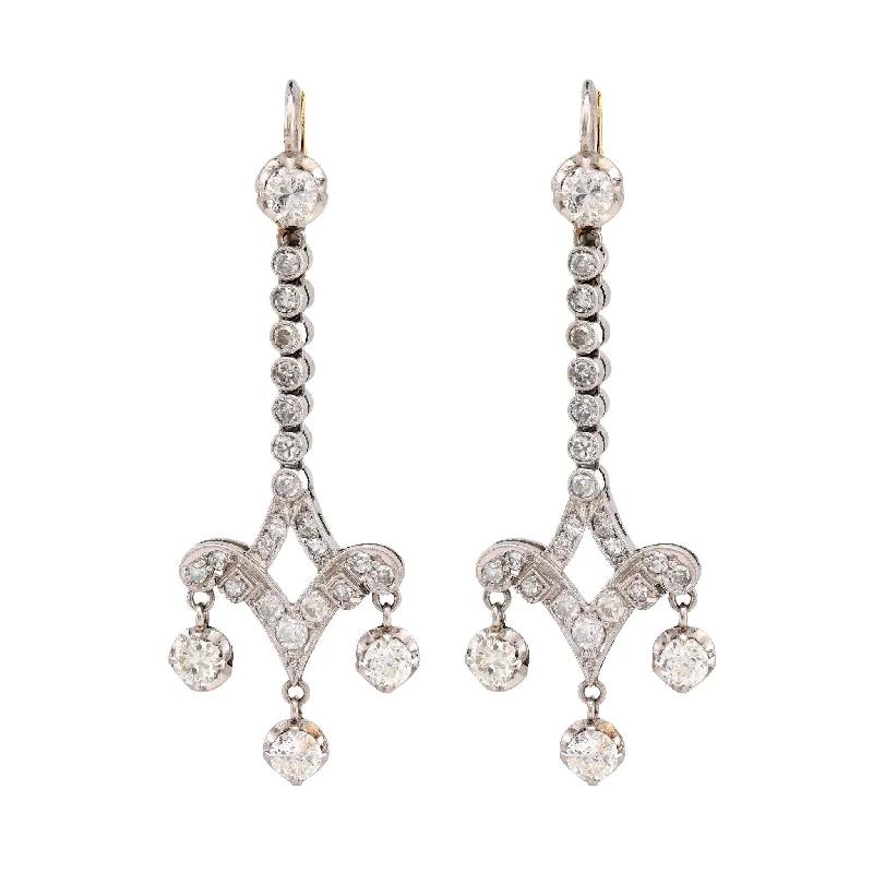 Women’s pearl drop earrings-Art Deco inspired 3 carat total weight diamond platinum drop earrings