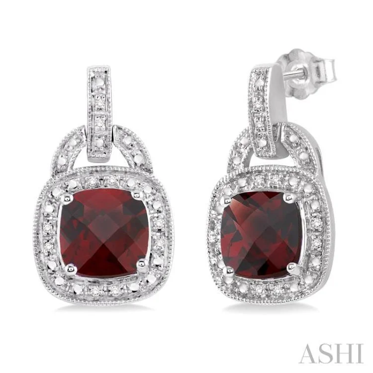 Women’s drop earrings-8x8MM Cushion Cut Garnet and 1/10 Ctw Single Cut Diamond Earrings in Sterling Silver