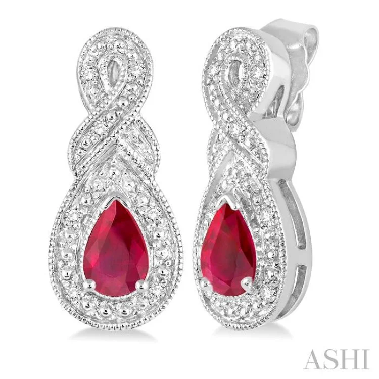 Women’s clip-on earrings-5x3 MM Pear Shape Ruby and 1/20 Ctw Round Cut Diamond Earrings in Sterling Silver