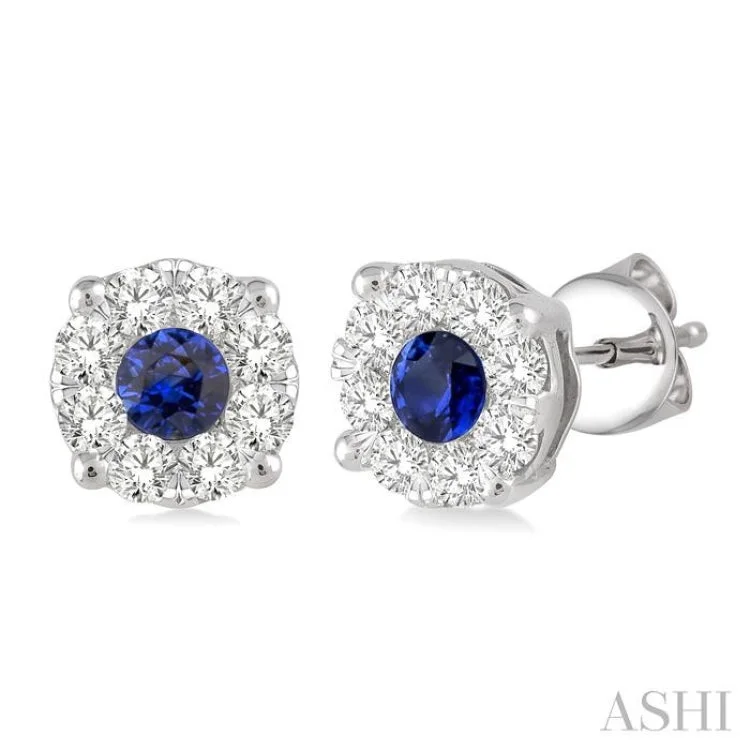 Women’s gold hoop earrings-3.2 mm Round Cut Sapphire and 1/2 Ctw Lovebright Diamond Earrings in 14K White Gold