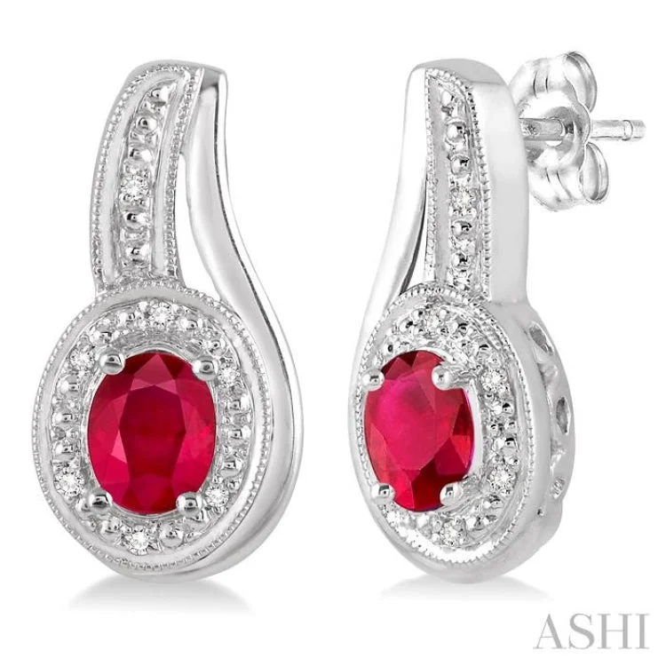 Women’s cubic zirconia earrings-5x3 MM Oval Cut Ruby and 1/50 Ctw Round Cut Diamond Earrings in Sterling Silver