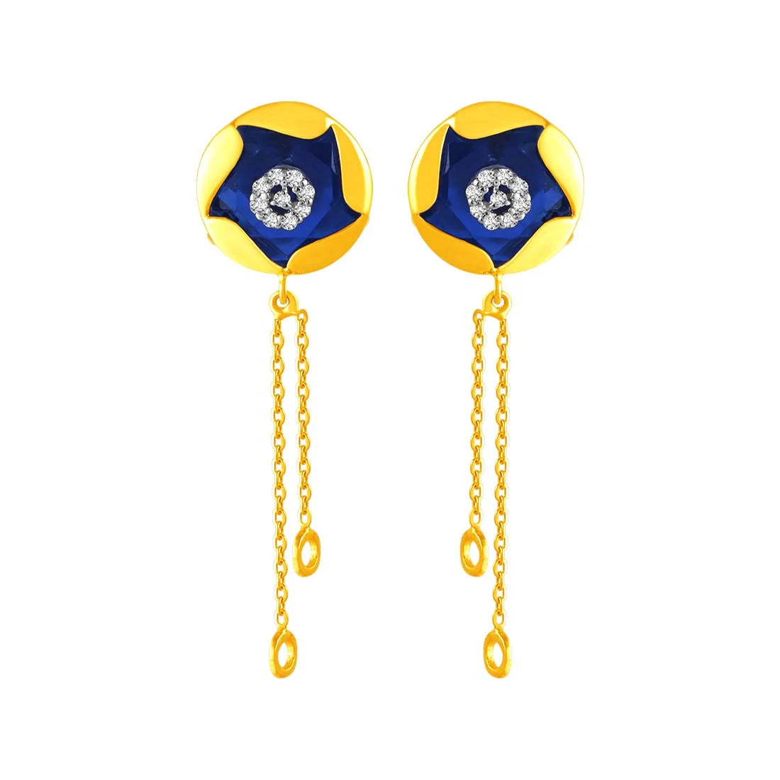 Women’s luxury diamond earrings-14KT (585) Yellow Gold & Diamond Drop Earrings Deep Blue Pattern