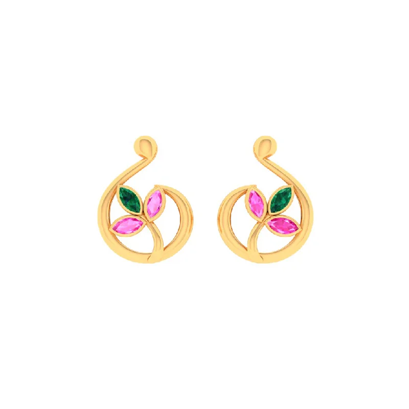 Women’s classic hoop earrings-14k Exquisite Leafy Gold Stud Earrings With Multi-coloured Stones