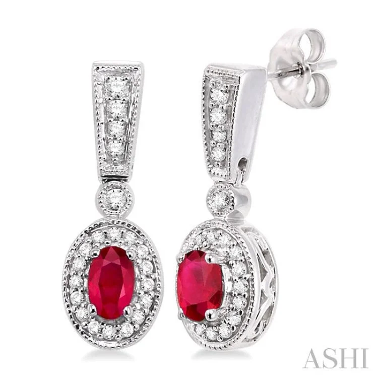 Women’s long dangle earrings-5x3MM Oval Cut Ruby and 1/3 Ctw Round Cut Diamond Earrings in 14K White Gold