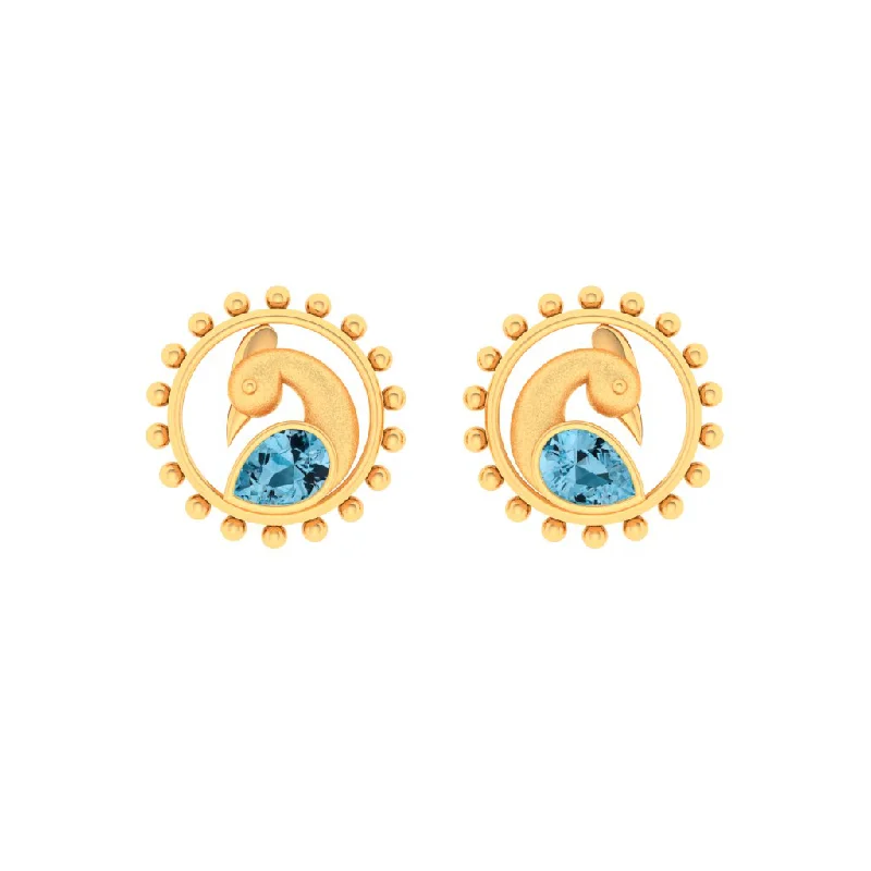 Women’s gold-plated hoop earrings-14k Cute Peacock Shaped Gold Stud Earrings With Blue Stone