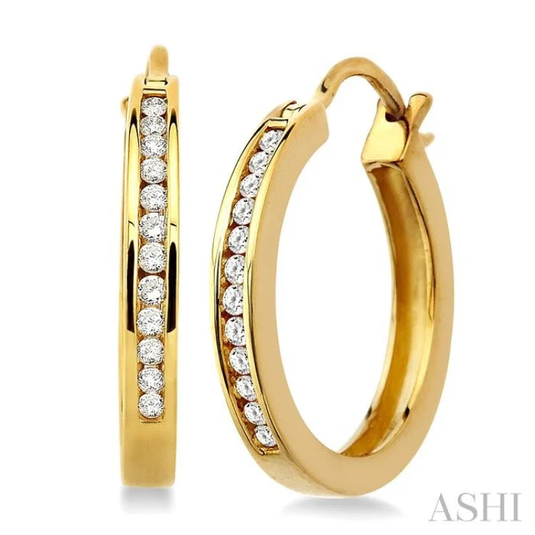 Women’s multi-color earrings-1/4 Ctw Channel Set Round Cut Diamond Hoop Earrings in 10K Yellow Gold