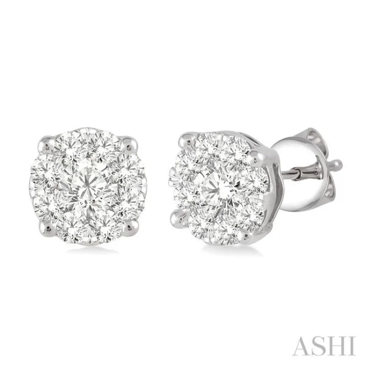 Women’s geometric earrings-1 Ctw Round Cut Lovebright Diamond Stud Earrings in 14K White Gold