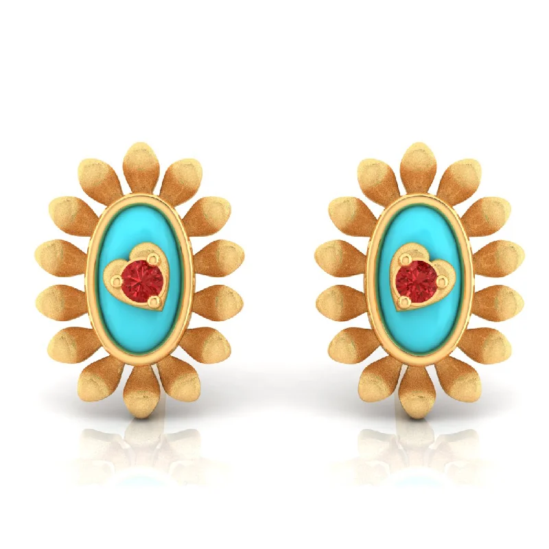 Women’s double hoop earrings-14k Sunflower Designed Gold Earrings With A Heart In The Center