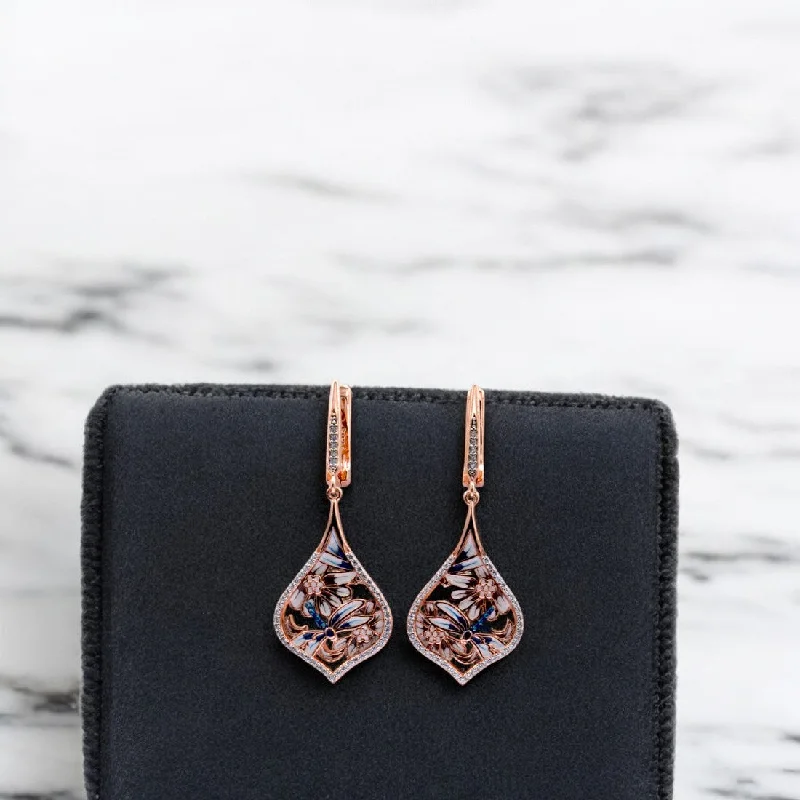 Women’s gold hoop earrings-Rosegold dragonfly drop earrings for women and girls