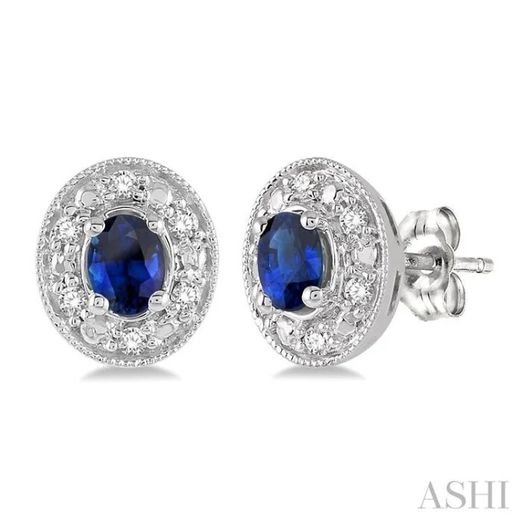 Women’s everyday hoop earrings-4x3mm Oval Shaped Sapphire and 1/10 Ctw Single Cut Diamond Earrings in 14K White Gold