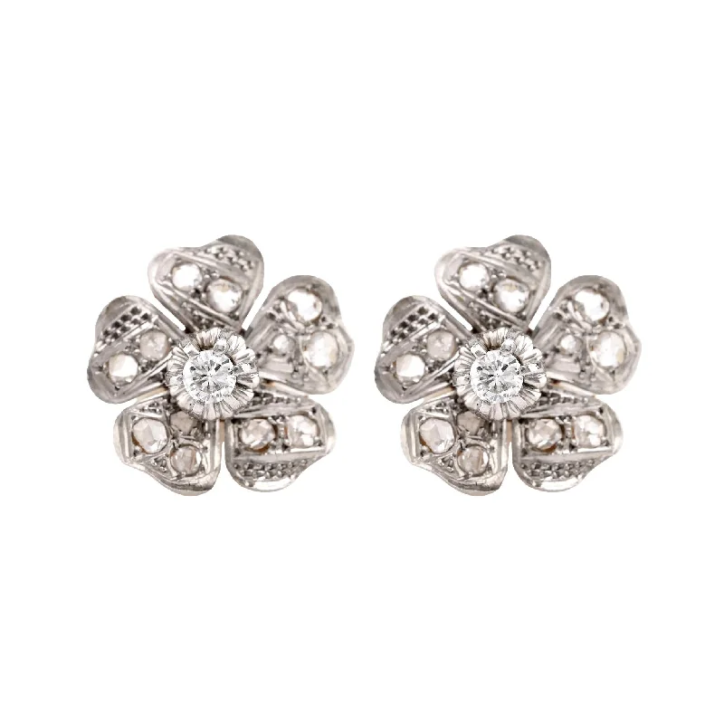 Women’s vintage diamond earrings-Mid-Century Diamond 18K Yellow White Gold Flower Studs