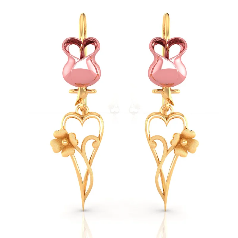 Women’s oval drop earrings-14k Yellow With Long Heart And Flower Gold Earrings