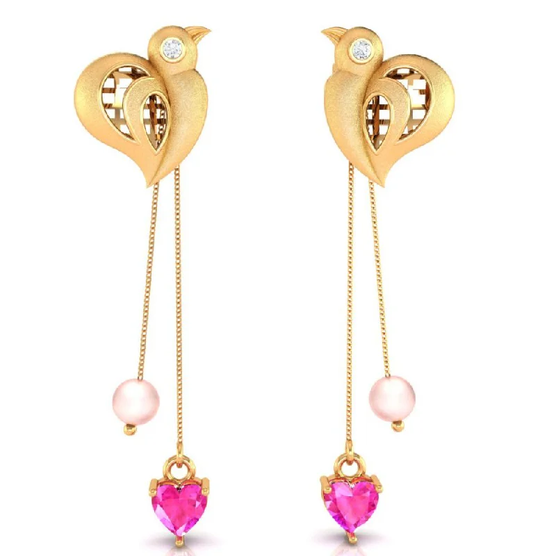 Women’s long dangling earrings-22k Birds Hold Pink Hearts And Balls Gold Diamond Earrings