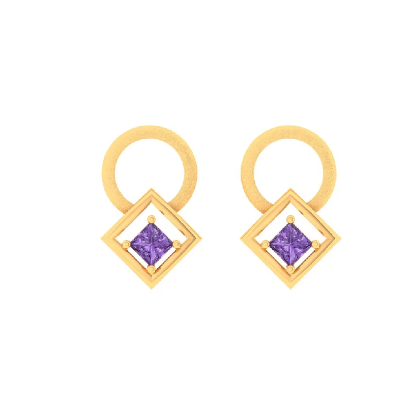 Women’s luxury diamond earrings-14k Gold Earrings With A Circle And Square Engraved With Violet Stone