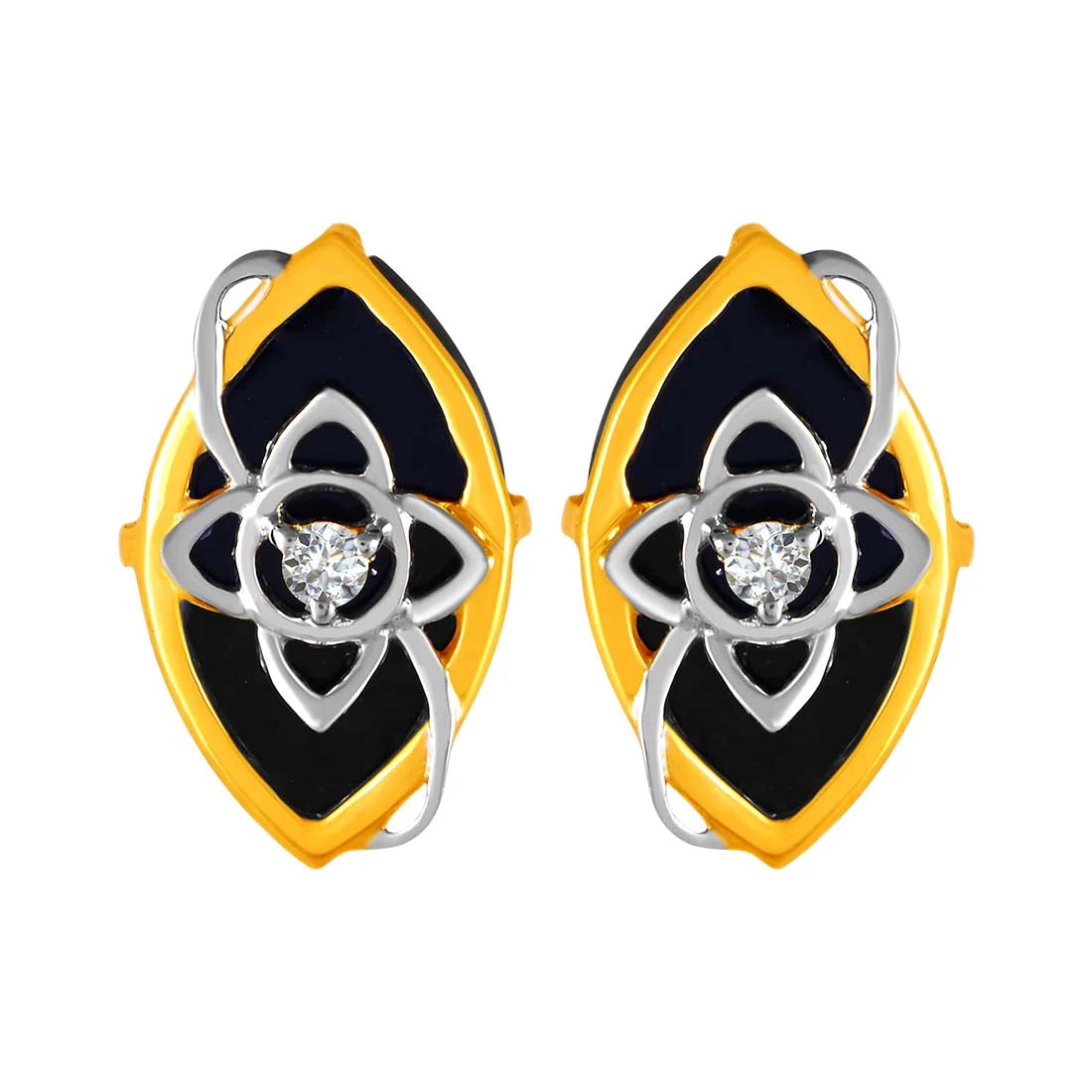 Women’s luxury gemstone earrings-14KT (585) Yellow Gold & Diamond Black Leaf Stud Earrings