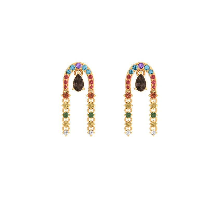 Women’s vintage hoop earrings-14k Gorgeous Gold Earrings Engraved With Multi-colour Stones