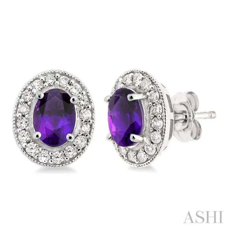 Women’s sapphire earrings-7x5MM Oval Cut Amethyst and 3/8 Ctw Round Cut Diamond Earrings in 14K White Gold