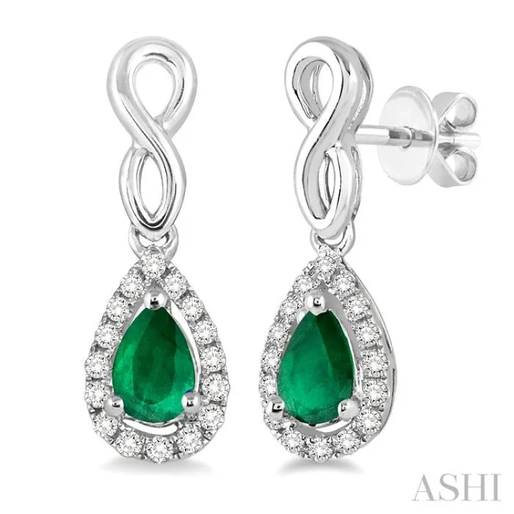 Women’s celestial earrings-5x3 MM Pear Shape Emerald and 1/6 Ctw Round Cut Diamond Earrings in 10K White Gold