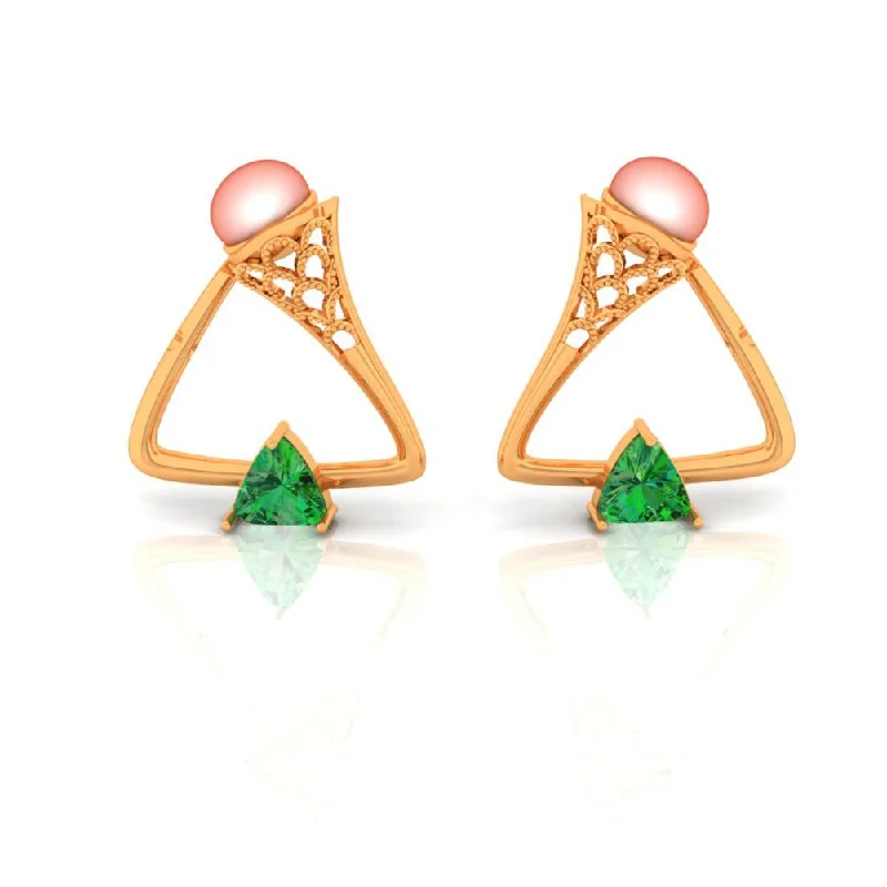 Women’s unique earrings-Dazzling Green Stone Set In 22k Triangular Gold Earrings