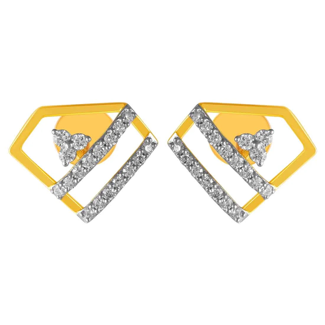 Women’s gold hoop earrings-14KT (585) Yellow Gold & Diamond Beautiful 3D Design Stud Earrings