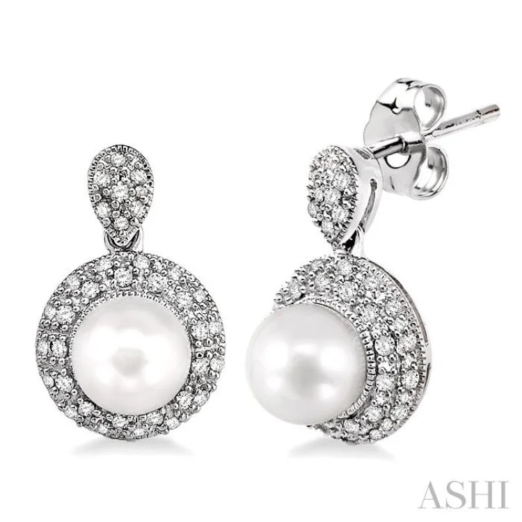 Women’s luxury diamond earrings-6MM Cultured Pearl and 1/3 Ctw Single Cut Diamond Earrings in 14K White Gold