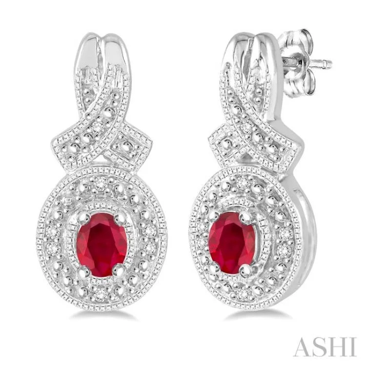 Women’s small hoop earrings-4x3 mm Oval Cut Ruby and 1/20 ctw Single Cut Diamond Earrings in Sterling Silver