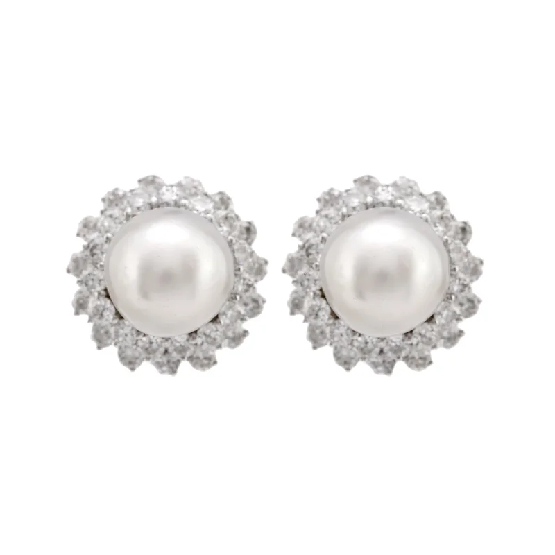 Women’s multi-color earrings-Mid Century South Sea Pearl 7 Carat Total Weight Diamond Platinum Cluster Studs