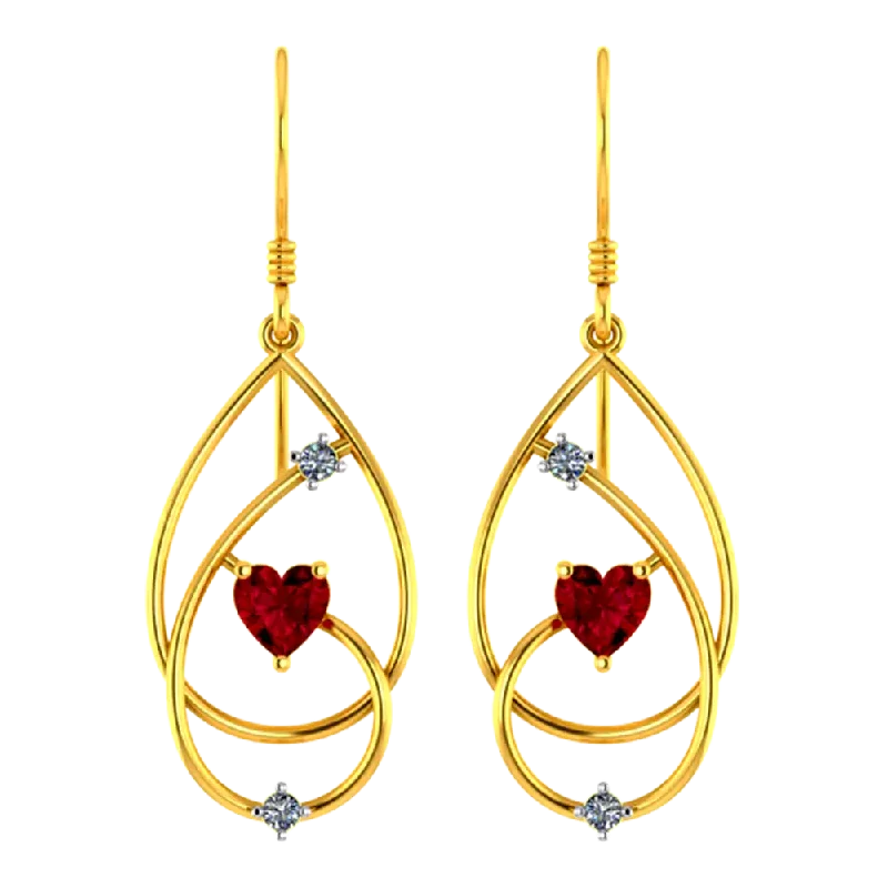 Women’s diamond stud earrings for wedding-22k Gold Earrings With Intricate Design And Red Heart Shaped Stone