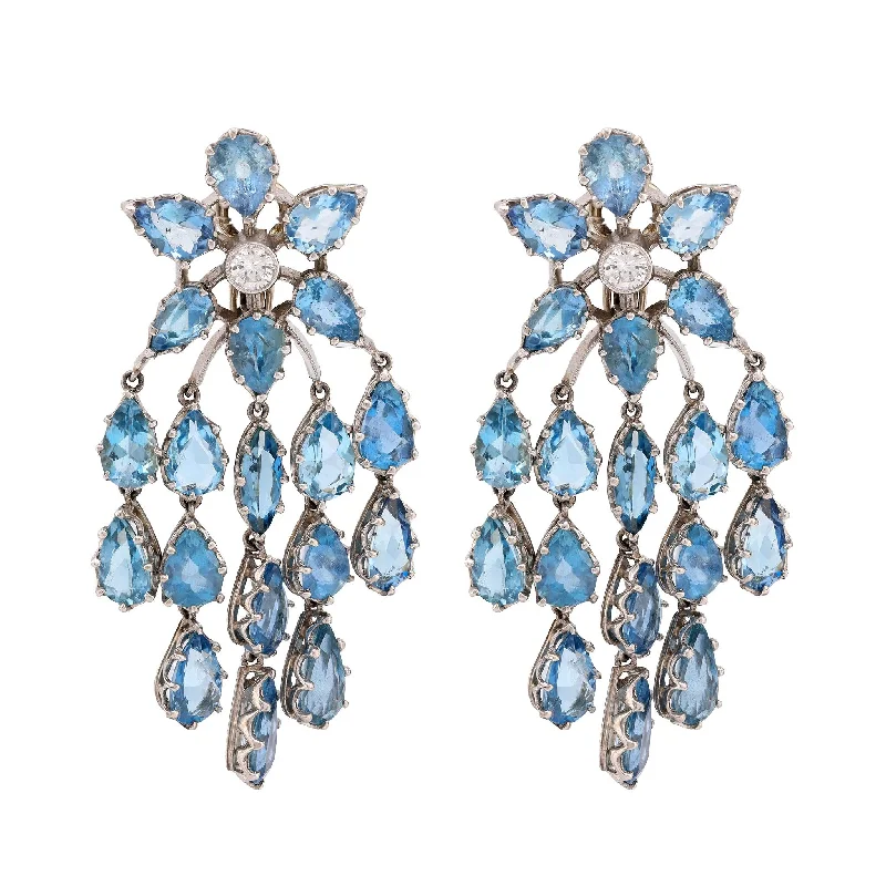 Women’s diamond hoop earrings-Mid Century inspired 14 carat aquamarine diamond chandelier earrings