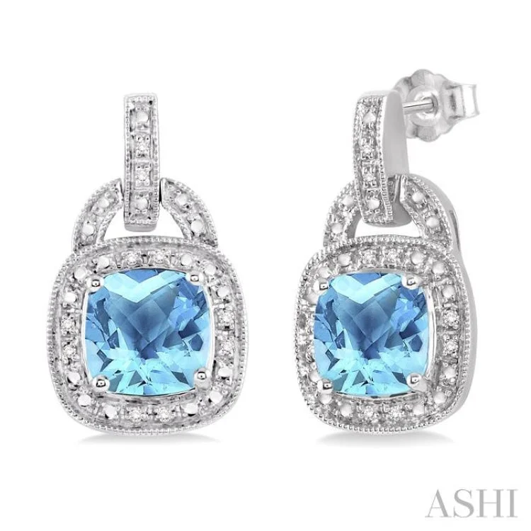 Women’s everyday earrings-8x8MM Cushion Cut Blue Topaz and 1/10 Ctw Single Cut Diamond Earrings in Sterling Silver