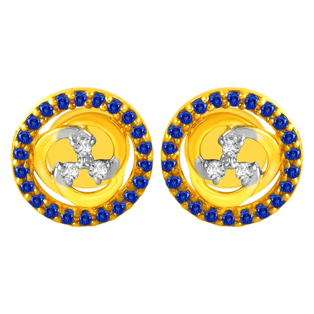 Women’s long dangle earrings-14KT (585) Yellow Gold & Diamond Studs Earrings with Blue Stone Borders