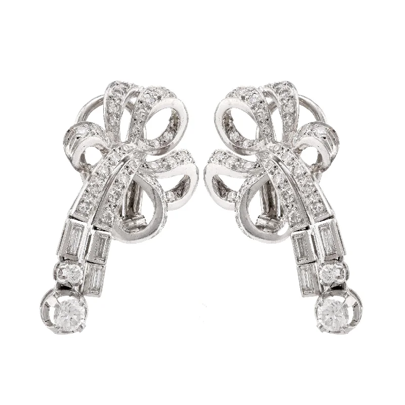 Women’s gemstone drop earrings-Mid Century Diamond Platinum Ribbon Earrings