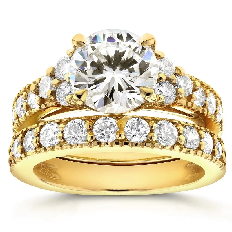 Women’s unique wedding rings-Annello by Kobelli 14k Yellow Gold Moissanite and 1 1/10ct TDW Antique Diamond Bridal Rings Set