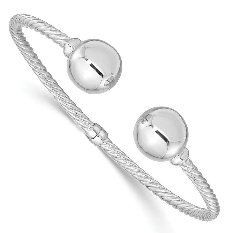 Women’s simple bangles-Sterling Silver Rhodium-Plated Twist & Beaded End Hinged Cuff Bangle-WBC-QB1406