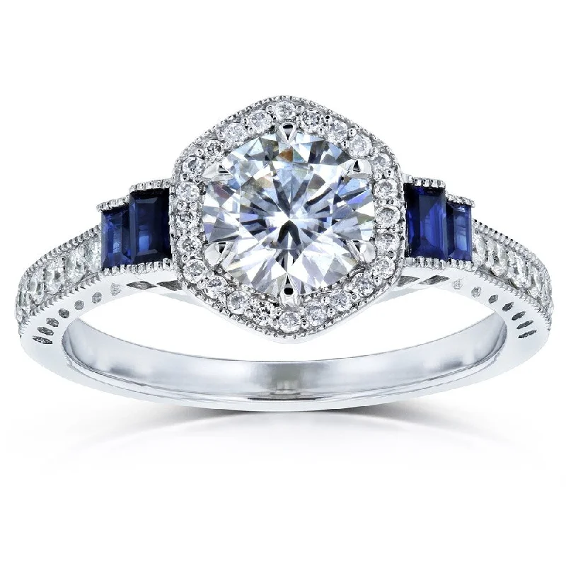 Women’s floral rings-Annello by Kobelli 14k White Gold 1 1/2ct TGW Moissanite Sapphire and Diamond 6-prong Halo Art Deco Ring