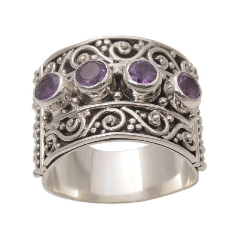 Women’s moonstone rings-NOVICA Handmade Sterling Silver Lucky Four Amethyst Ring (Indonesia)