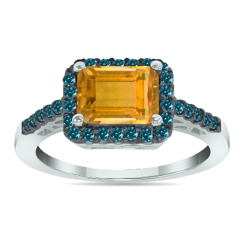 Women’s multi-diamond rings-Marquee Jewels 2 1/2 Carat Emerald Cut Citrine and 1/3 CTW Blue Diamond Ring in 10K White Gold