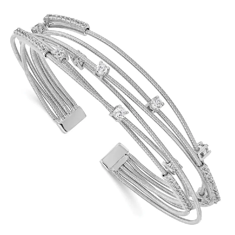 Women’s engraved bracelets-Cheryl M Sterling Silver Rhodium-plated Multi-strand CZ Bangle-WBC-QCM1510