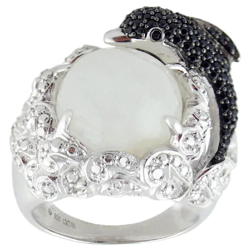 Women’s bridal rings with diamonds-Platinum 13mm Moonstone, Black Spinel and White Zircon Dolphin Ring