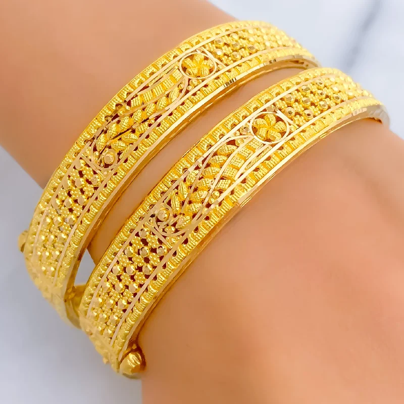 Women’s infinity bangles-Subtle Flowy Leaf 22k Gold Bangle Pair