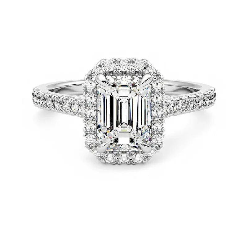 Women’s emerald cut engagement rings-Emerald Cut Halo Moissanite Engagement Ring with Hidden Anniversary Stone Accent