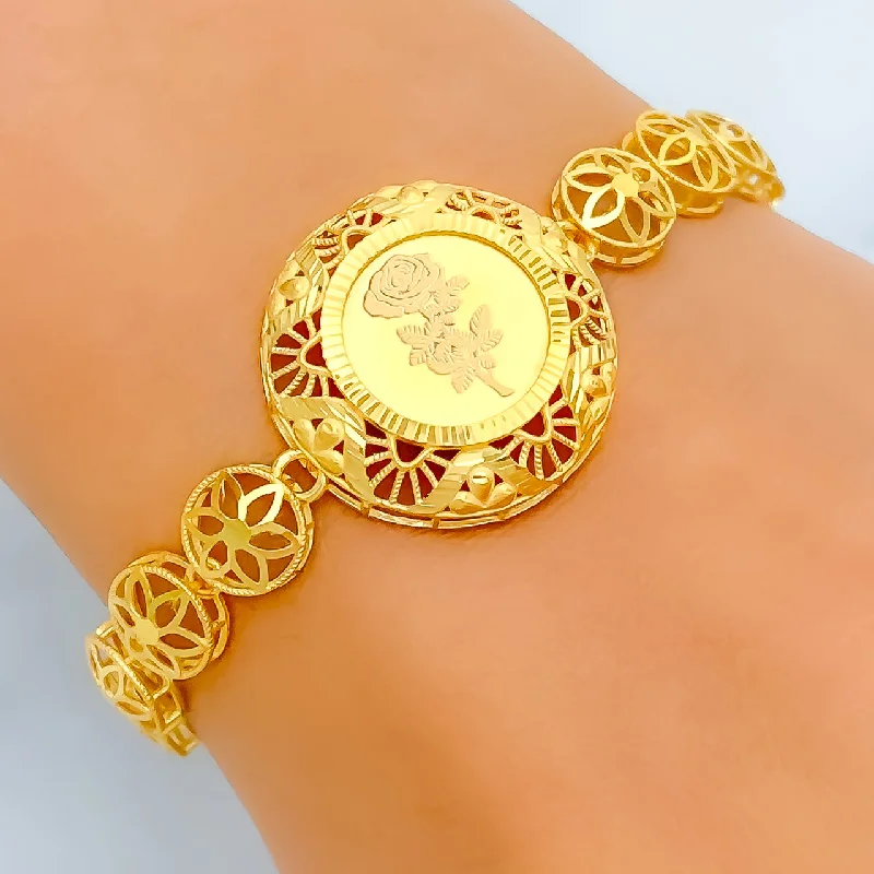 Women’s silver charm bracelets-Delicate Flower Adorned 21k Gold Coin Bracelet