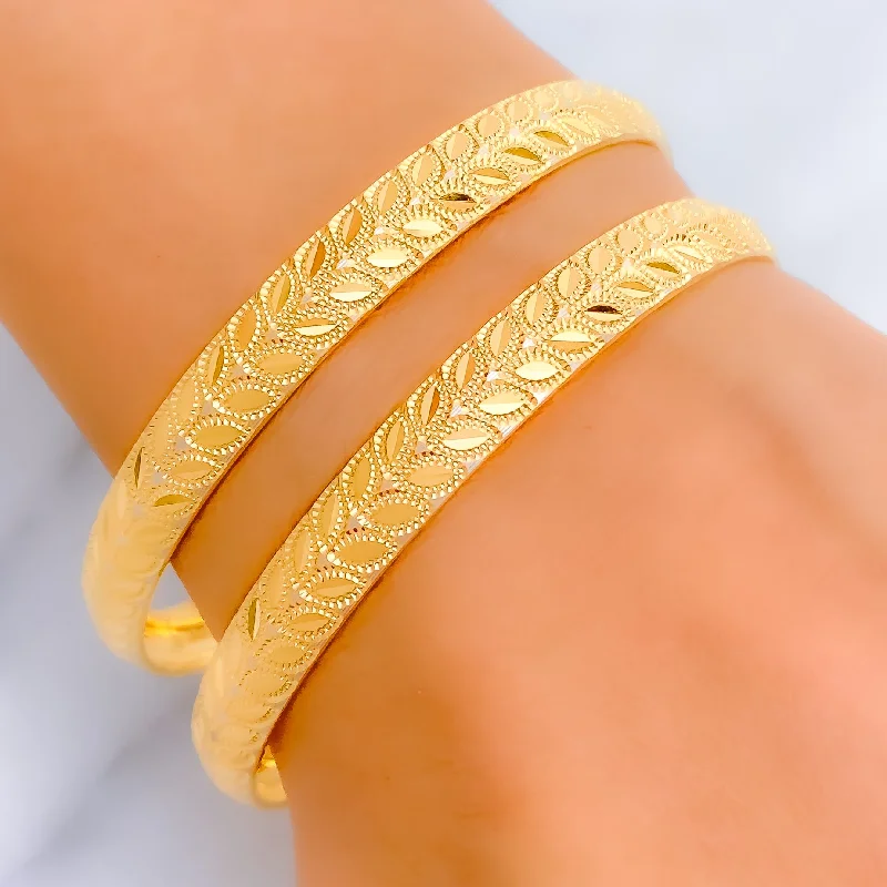 Women’s modern bangles-Charming Engraved 22k Gold Bangle Pair